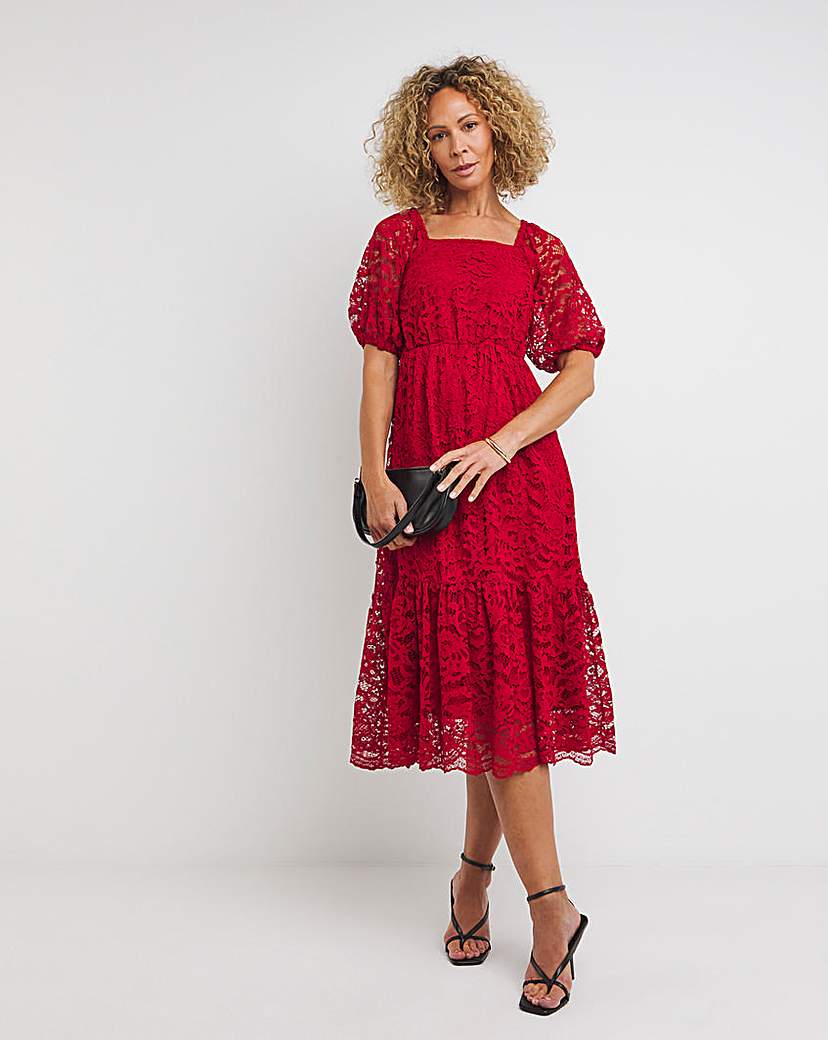 Square Neck Puff Sleeve Lace Dress