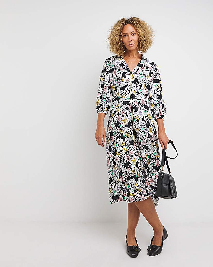 Zip Front Shirt Dress With Open Neck
