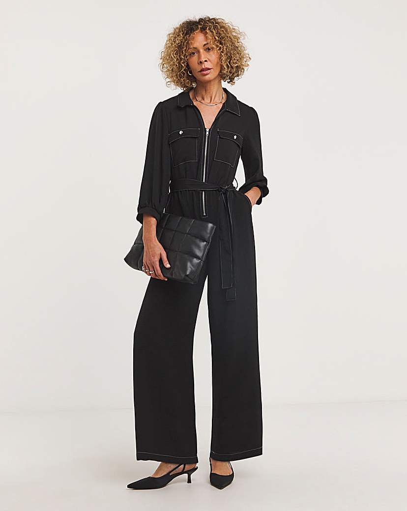 Zip Front Contrast Stitch Jumpsuit