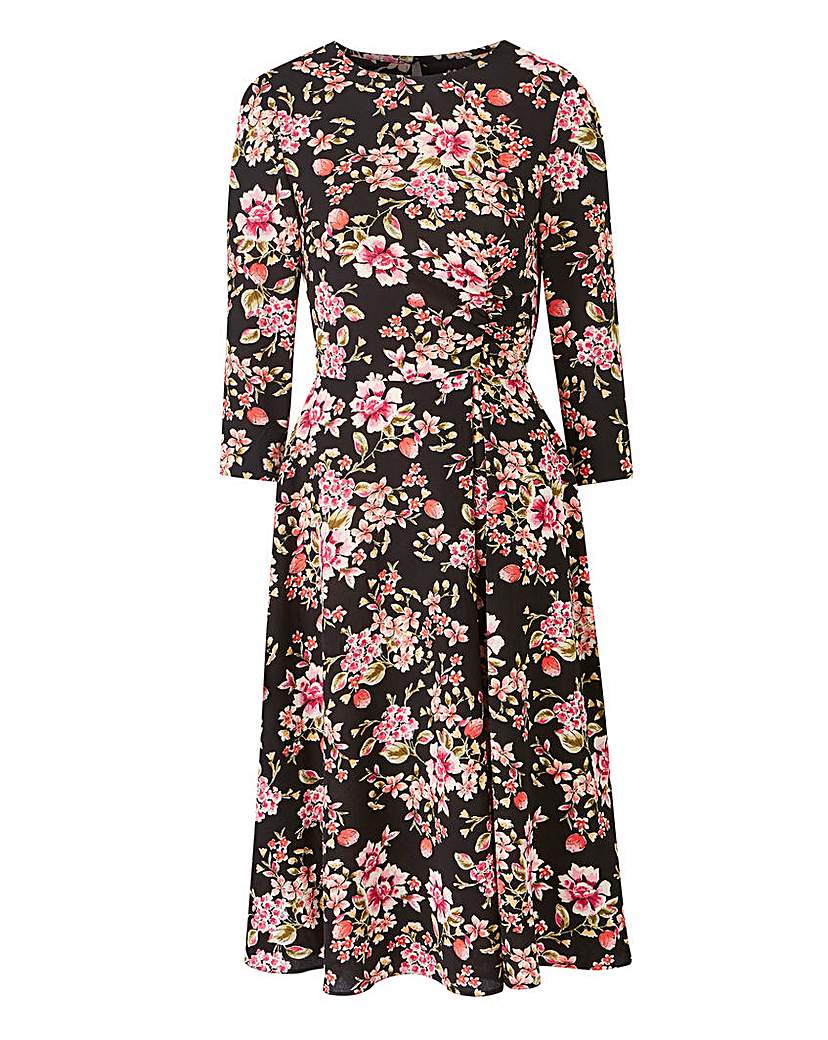 Oriental Print Ruched Front A line Dress