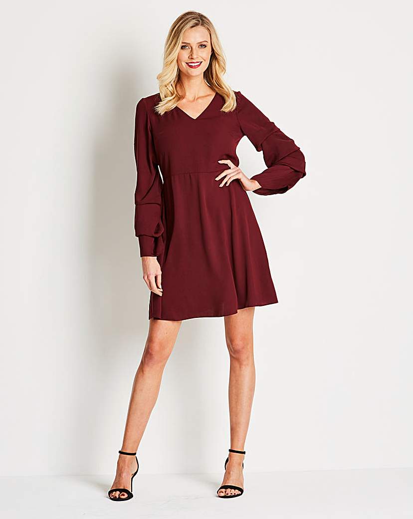 Wine Sleeve Detail V-Neck Dress