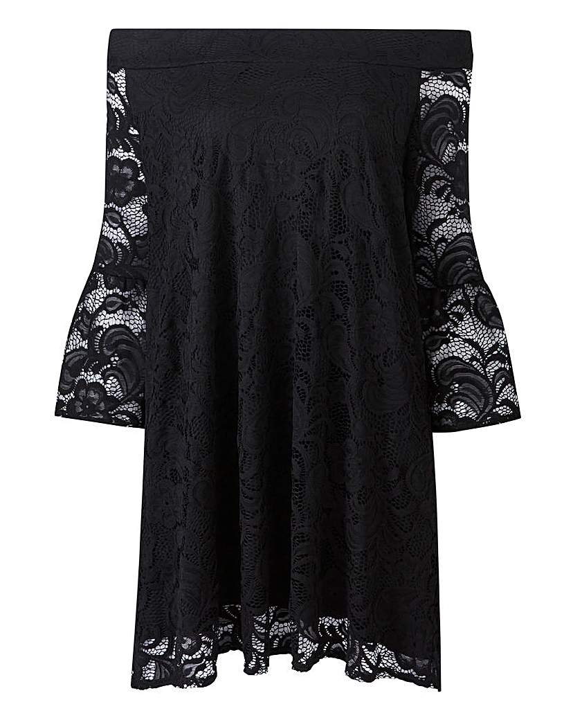 Black Lace Bardot Dress - Black