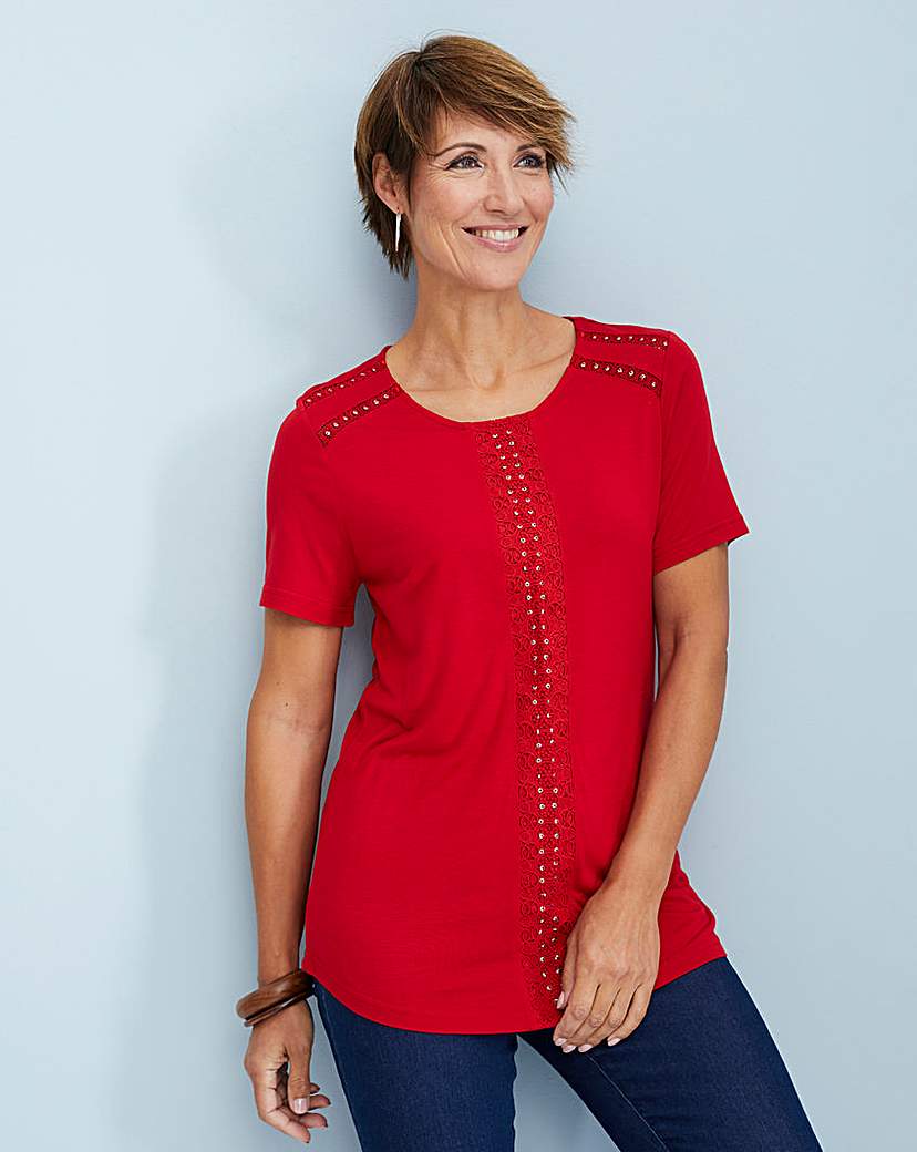 Image of Julipa Red Lace Trim Jersey Top