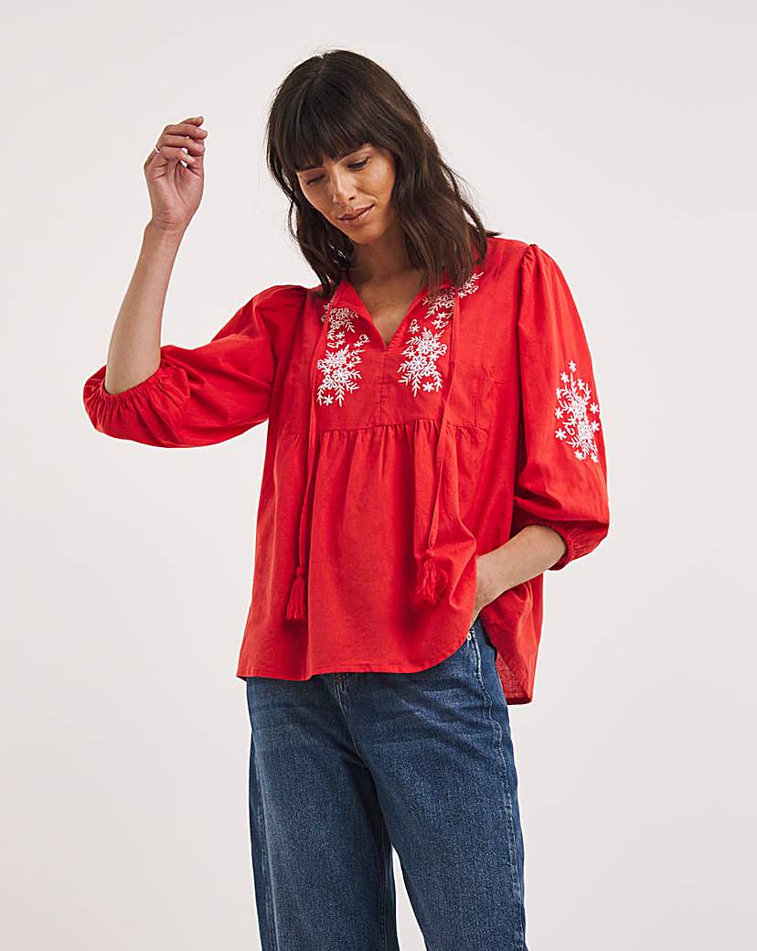 Embroidered Yoke Tie Neck Top