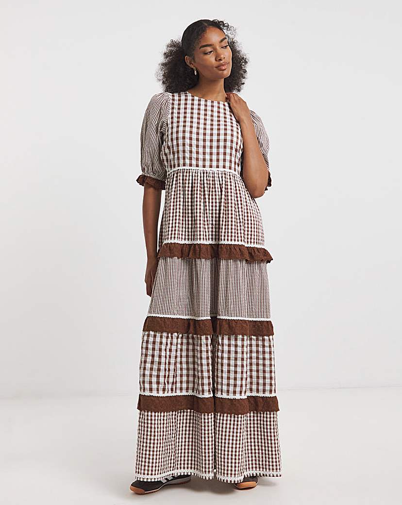 New In - Neon Rose Gingham Midaxi Dress - Brown
