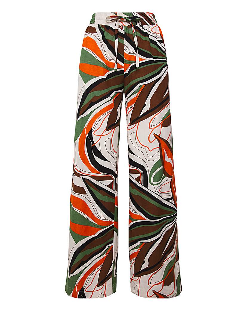 Tropical Print Linen Wide Leg Trousers