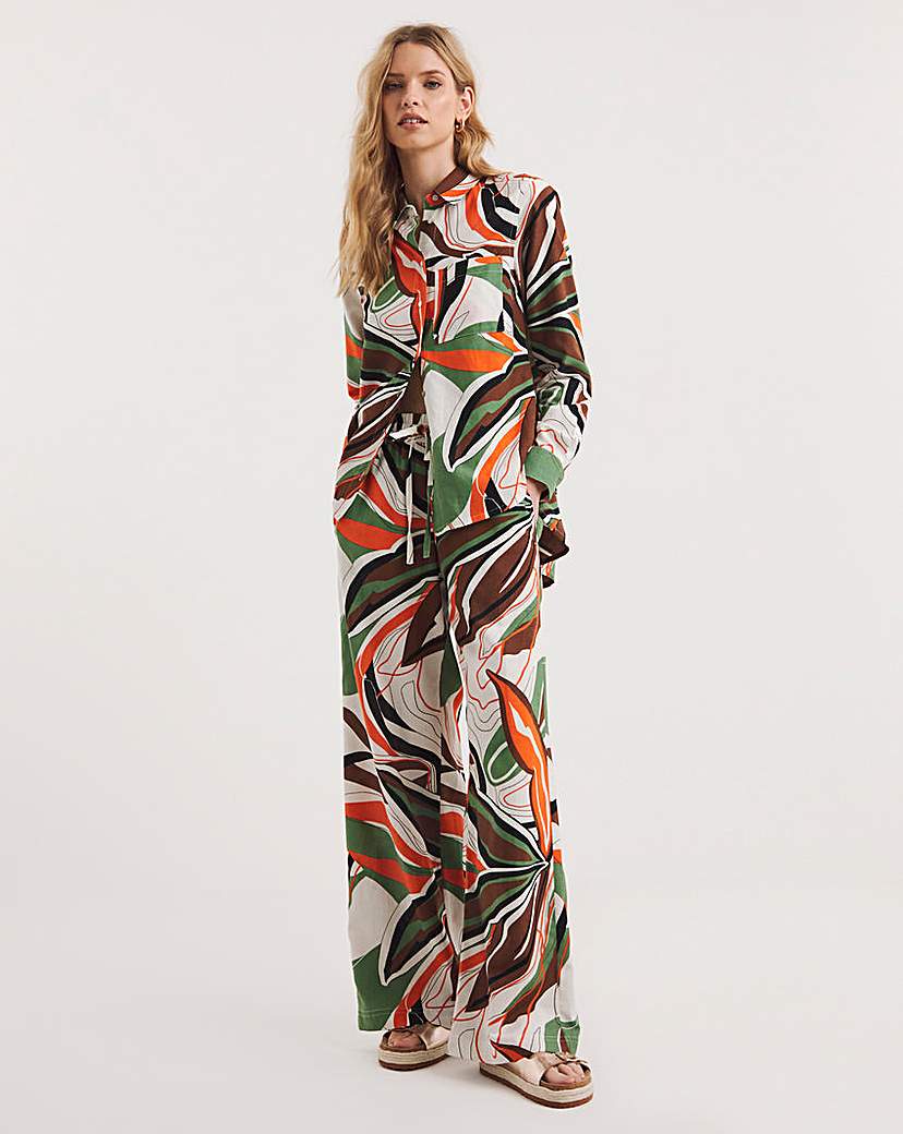 Tropical Print Linen Wide Leg Trousers