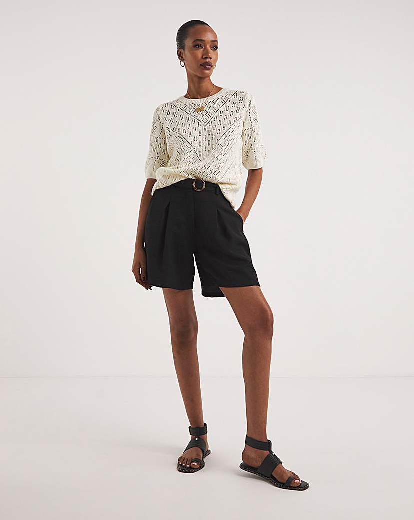 Black Textured Belted City Shorts