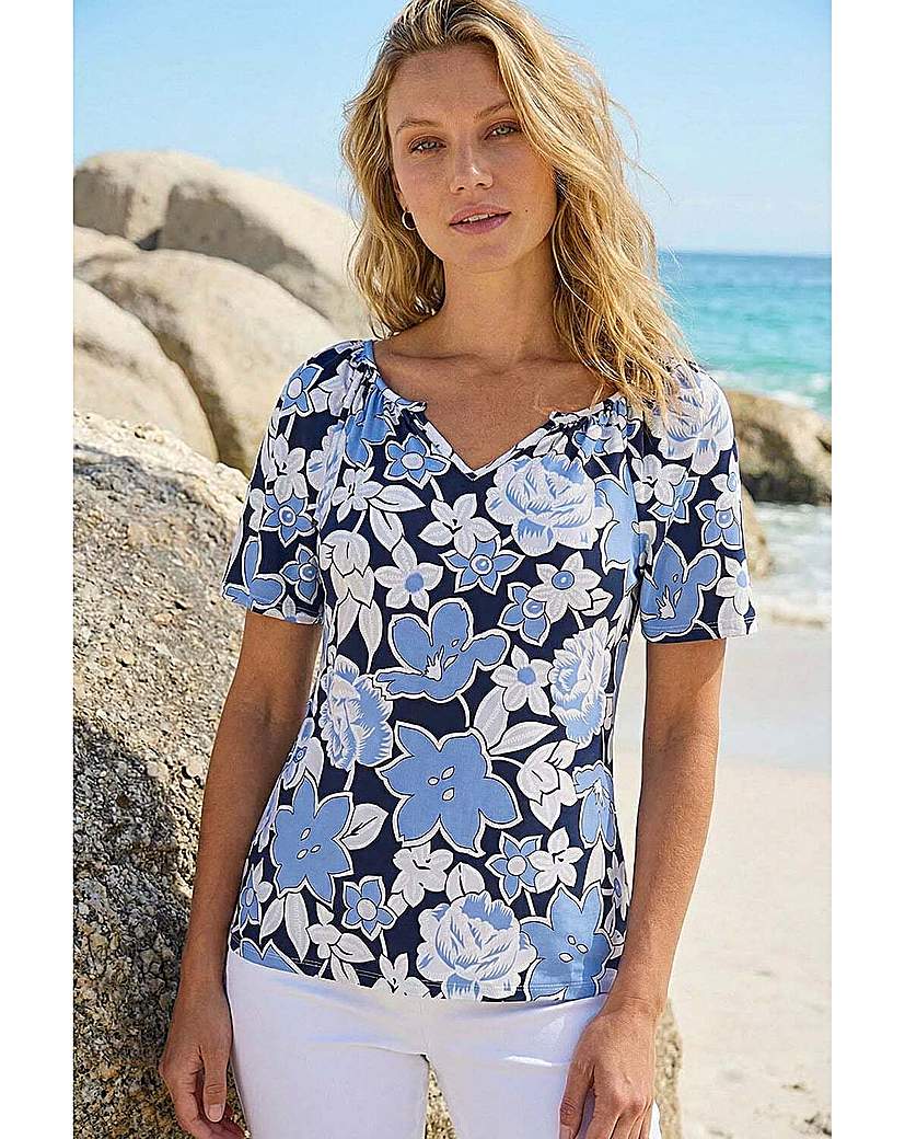 Roman Originals Women's Blue Roman Floral Puff Print V-Neck Top Size 16