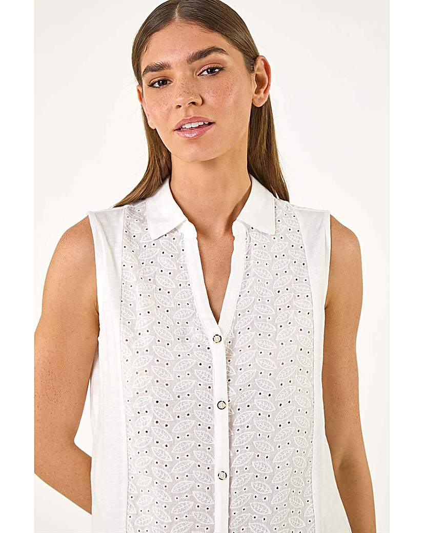 Roman Originals Women's Ivory Roman Broderie Collared Vest Top