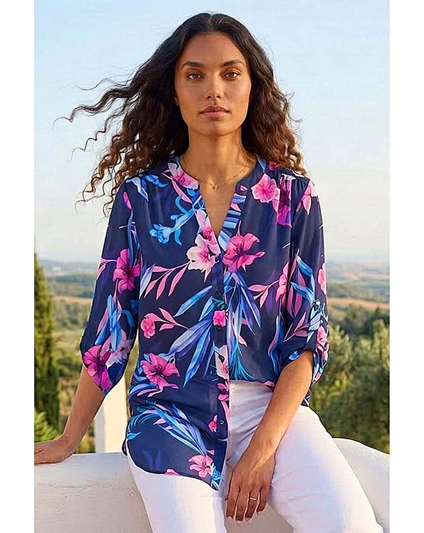 Roman Originals - Women's - Tropical Print Longline Blouse - Pink - Size 12