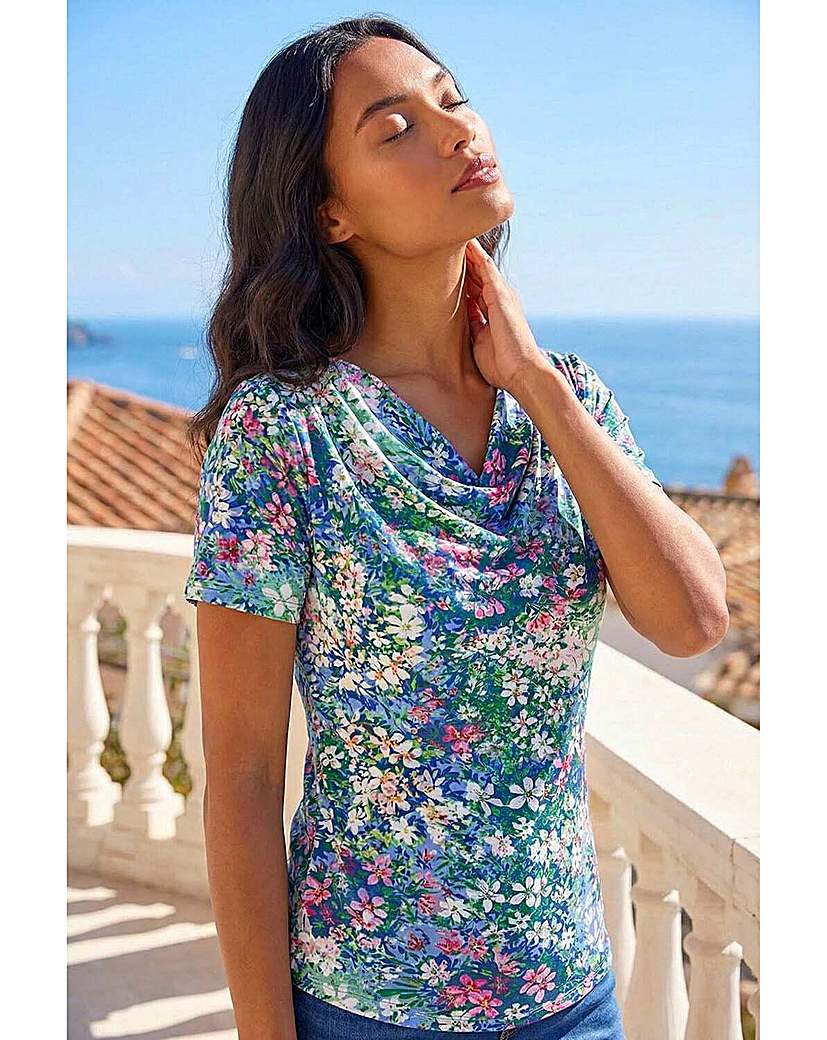 Roman Originals Women's Navy Roman Floral Print Cowl Neck Stretch Top