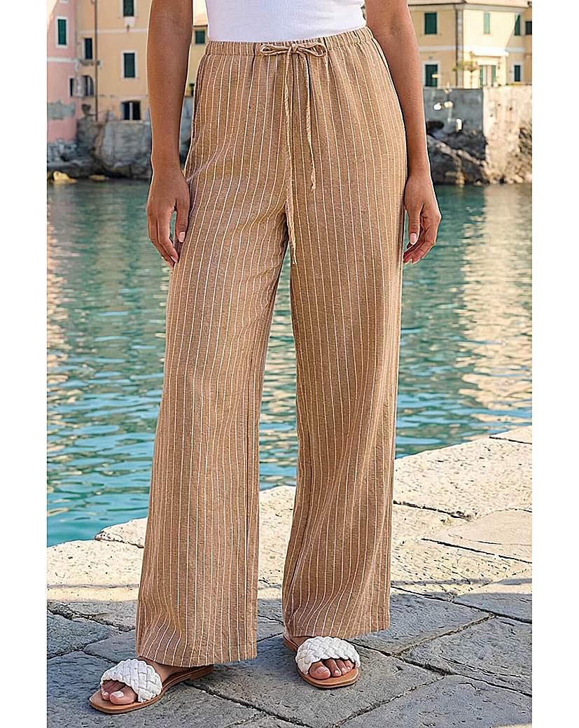 Roman Originals - Women's - Stripe Tie Waist Pocket Trousers - Stone - Size 16
