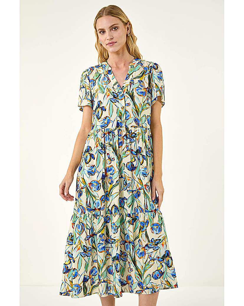Roman Originals - Women's - Floral V-Neck Midi Dress - Blue - 18