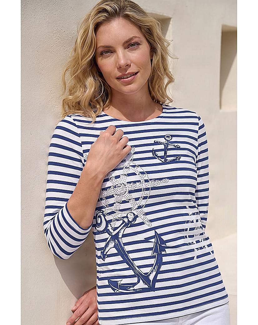 Roman Originals - Women's - Stripe Print Top - Anchor Print - Blue - 10