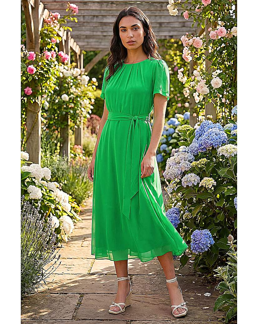Roman Originals Women's Green Roman Chiffon Pleat Neck Midi Dress Size 12