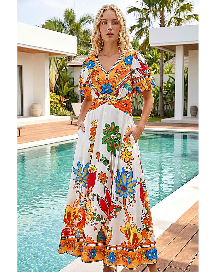 Roman Women's White Floral Border Ruched Midi Dress In Size 10 - Image 3