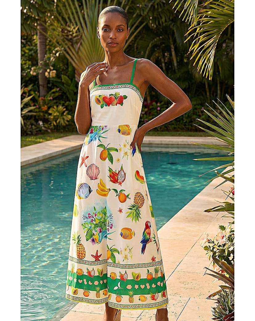 Roman Fruit Print Strap Detail Midi Dress, White, Size 12, Women - Image 3