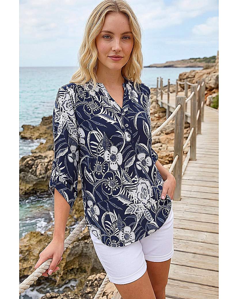 Roman Originals Women's Navy Roman Floral Print V-Neck Stretch Shirt