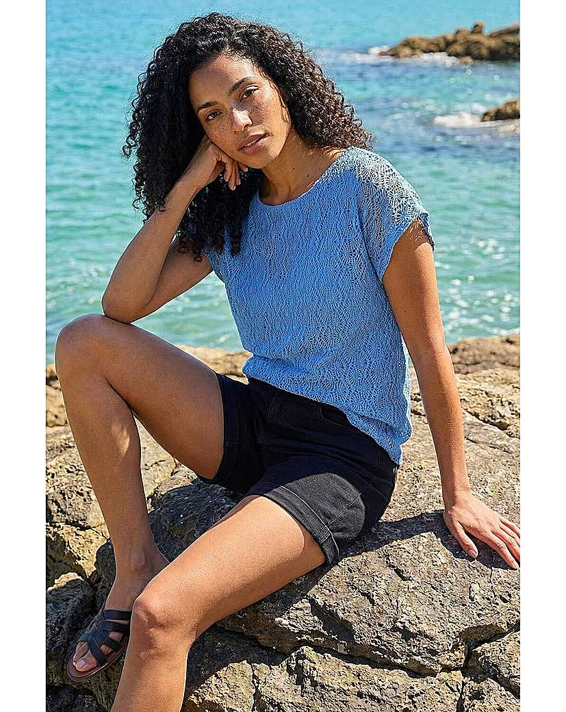 Roman Originals - Women's Lace Overlay Stretch Top - Blue - Size 16