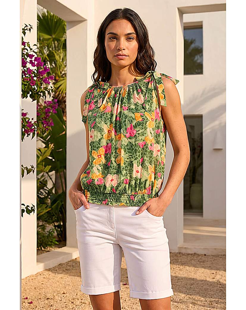 Roman Originals - Women's - Floral Print Bow Detail Top - Green - Size 12