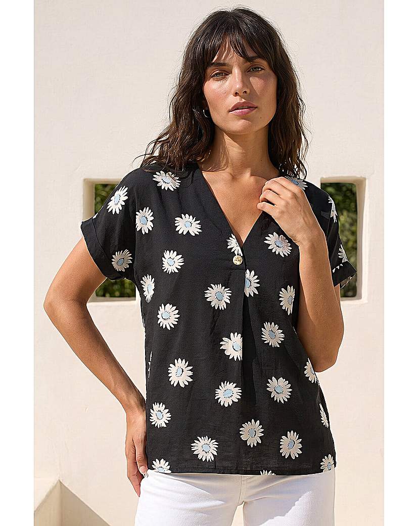Roman Originals - Women's Daisy Print Pleat Front Top - Black - Size 14