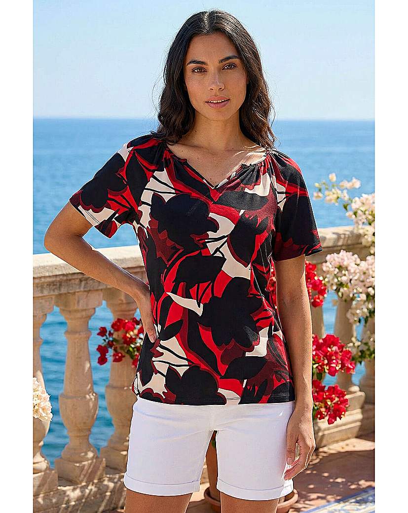 Roman Originals - Women's - Gathered Notch Neck Stretch Top - Red - Size 10