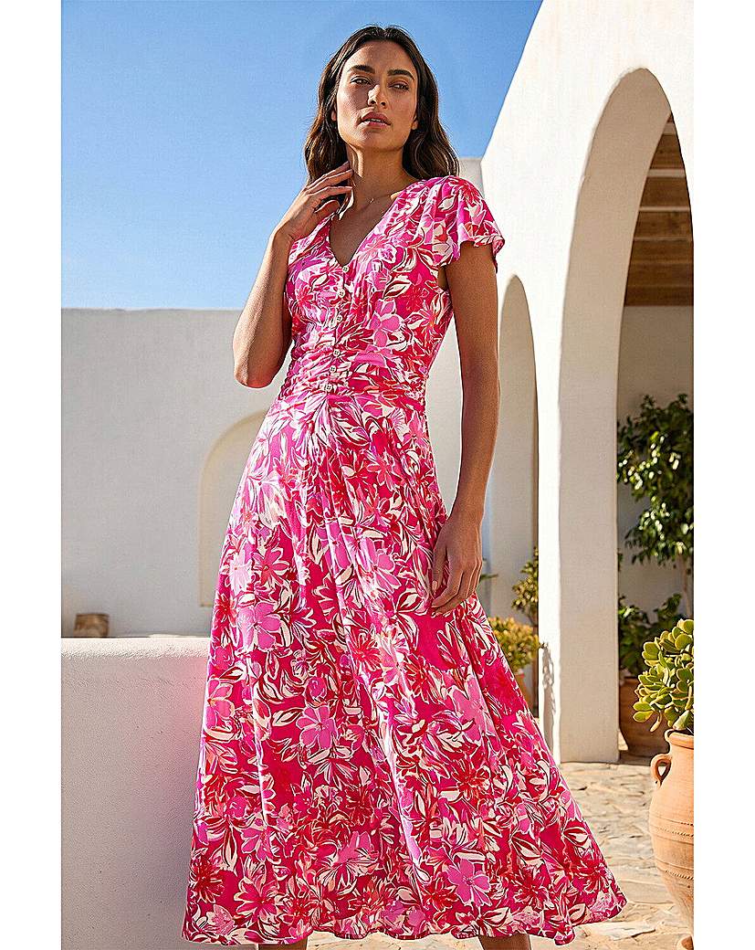Roman Floral Ruched Waist Maxi Dress, Pink, Size 18, Women - Image 5