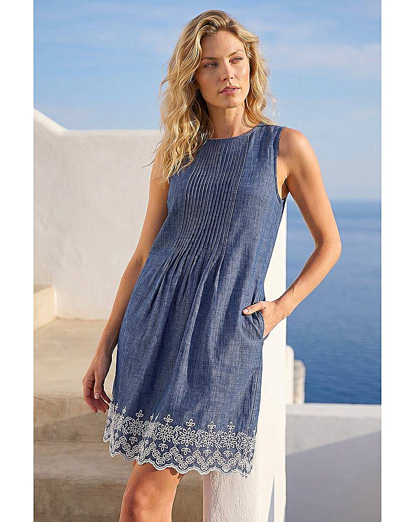 Roman Embroidery Hem Smock Dress, Blue, Size 16, Women - Image 3