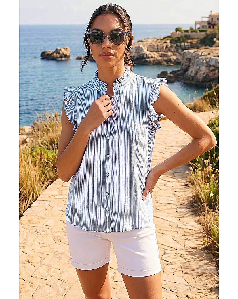 Roman Originals - Women's - Blouse - Stripe Print - Frill Sleeve - Blue - Size 18