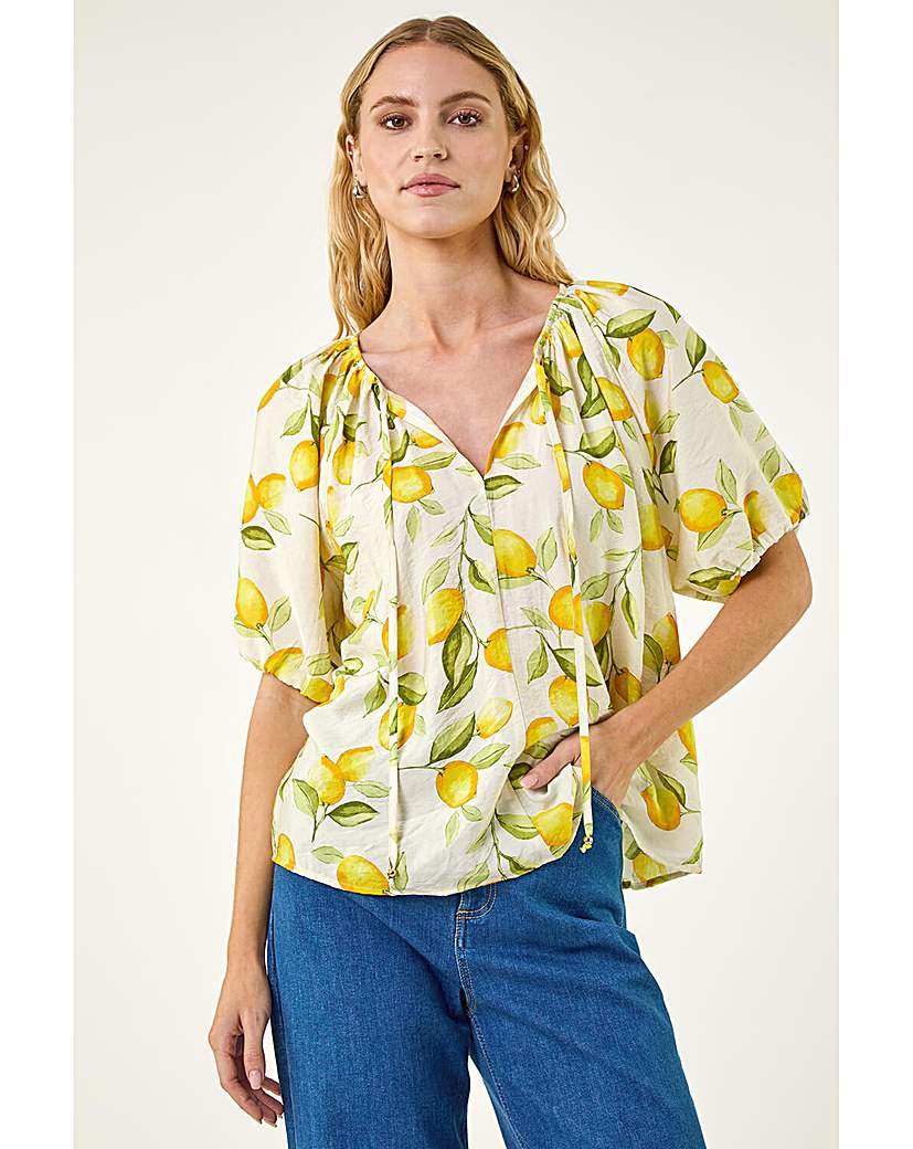 Roman Originals - Women's - Tie Front Top - Lemon Print - Yellow - Size 14