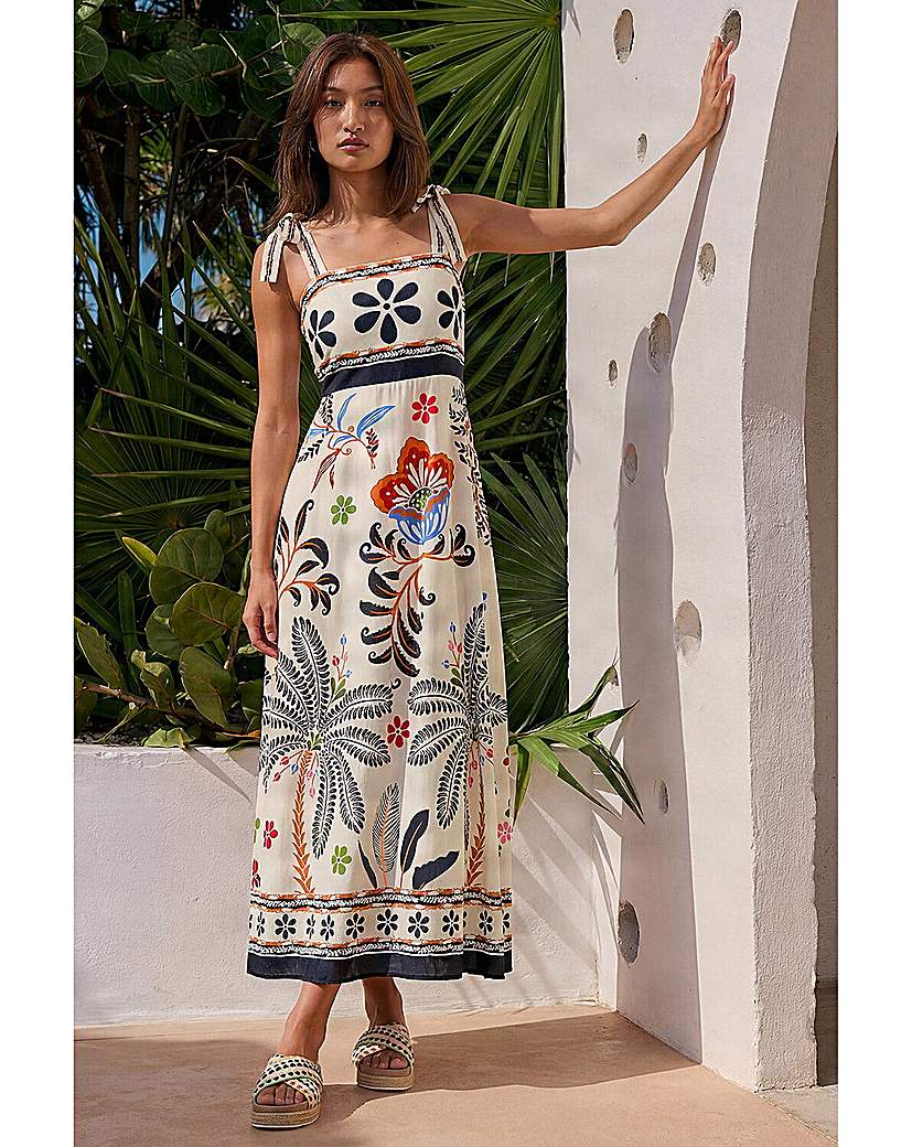 Roman Originals Women's Ivory Roman Floral Palm Strappy Midi Dress Size 18