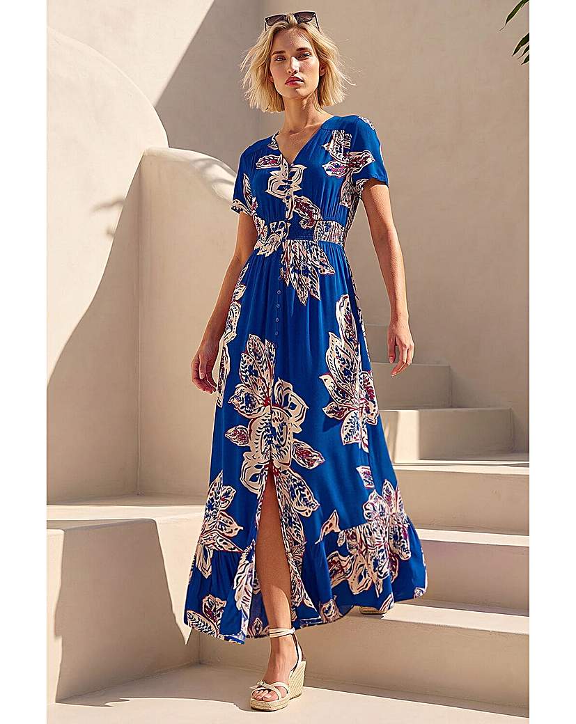 Roman Originals Women's Blue Roman Leaf Print Shirred Maxi Dress Size 18