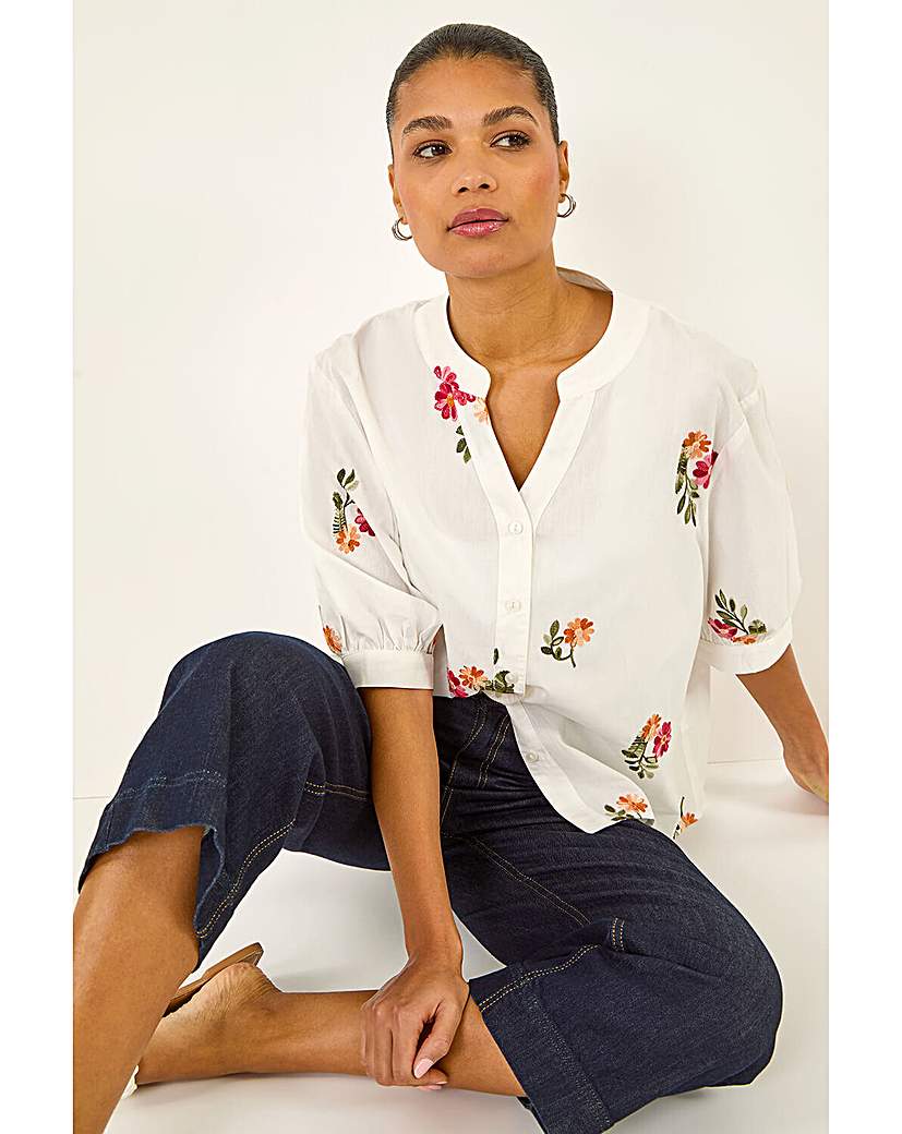 Roman Originals - Women's - Floral Embroidered V-Neck Blouse - Ivory - Size 20