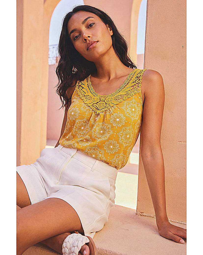 Roman Originals - Women's - Printed Crochet Trim Vest Top - Ochre - Size 18