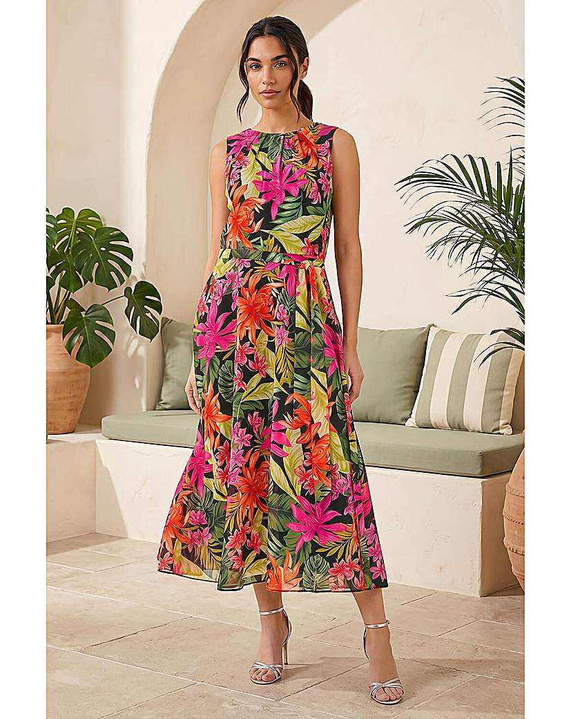 Roman Originals - Women's - Midi Dress - Leaf Chiffon Pleat Neck - Black - Size 20