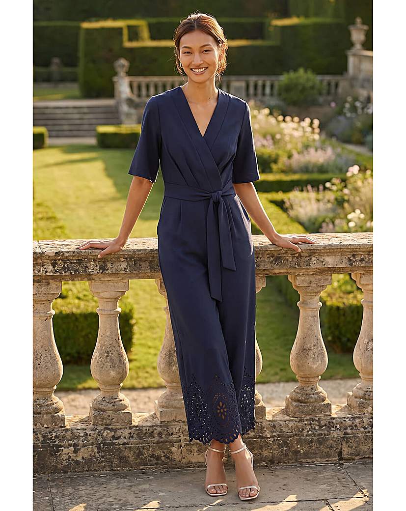 Roman Originals - Women's - Wrap Front Jumpsuit - Laser Cut Hem - Navy - Size 18