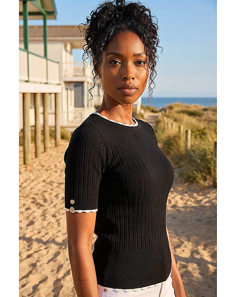 Roman Originals Black Roman Button Detail Ribbed Knit Top Size 16