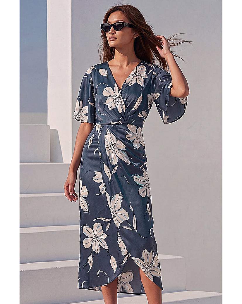 Roman Originals Navy Roman Floral Print Wrap Twist Dress Size 20