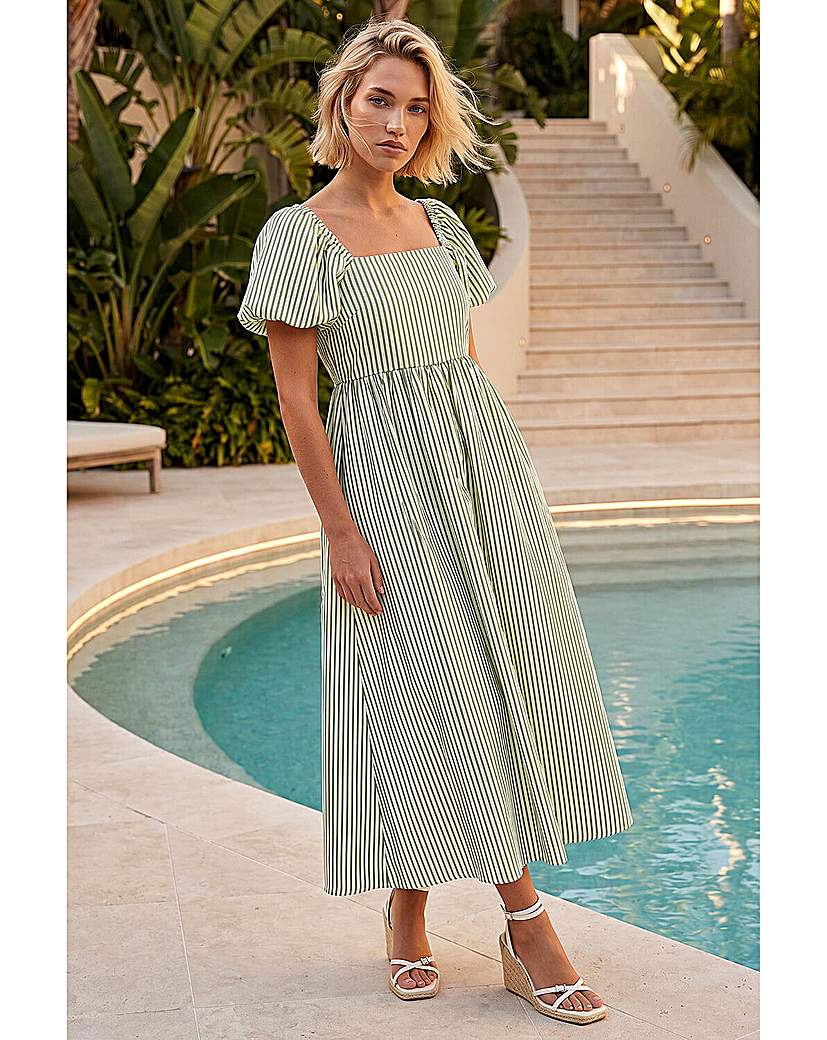 Roman Originals Sage Roman Stripe Puff Sleeve Midi Dress Size 18