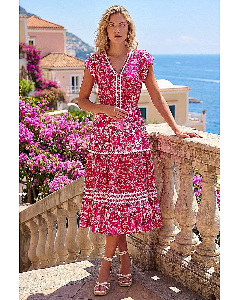 Roman Women's Pink Floral Contrast Stitch Midi Dress In | Size: 16 - Image 3