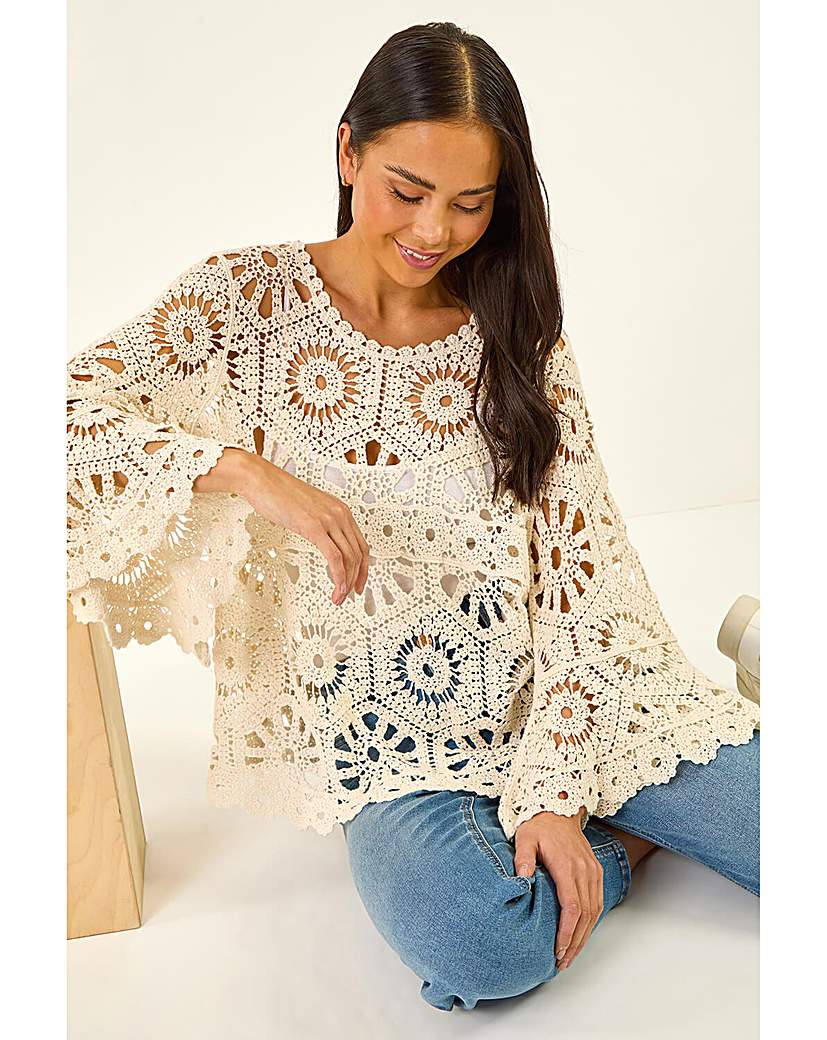 Roman Petite - Women's Crochet Flare Sleeve Top - Natural - SM