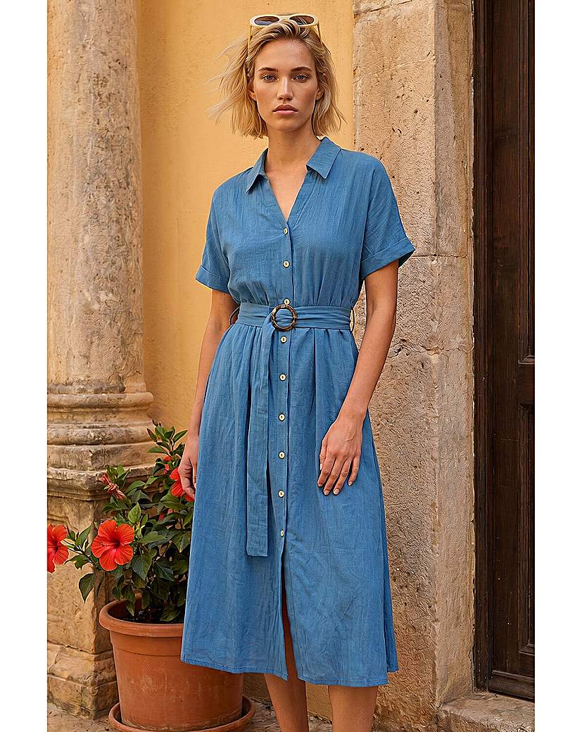 Roman Originals Women's Blue Roman Linen Look Belted Shirt Dress