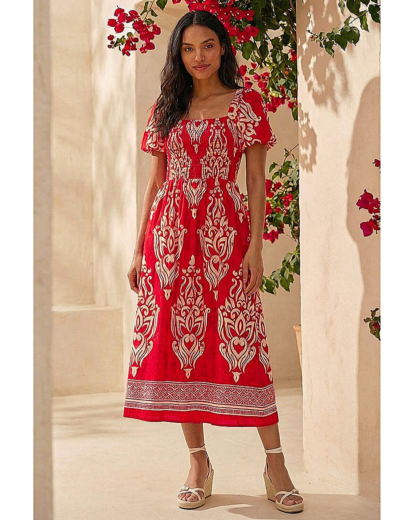 Roman Originals - Women's - Midi Dress - Abstract Print - Shirred Bodice - Red - Size 20