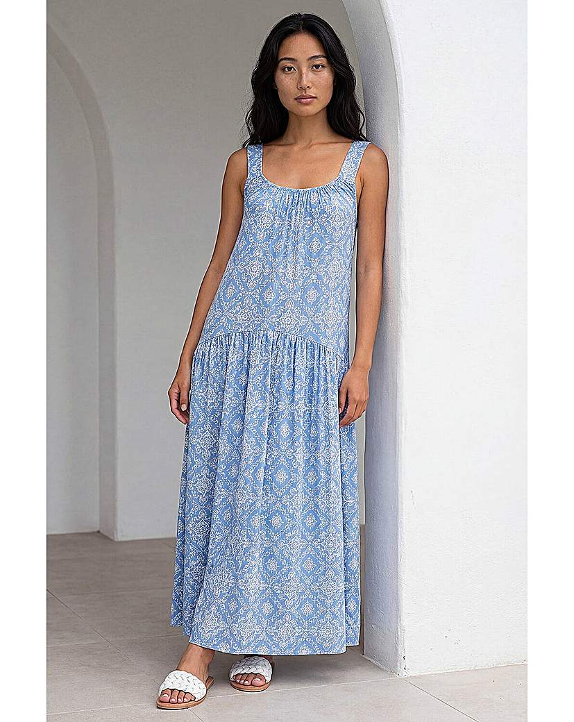 Roman Petite - Tile Print Gathered Dress - Women's - Blue - Size 18