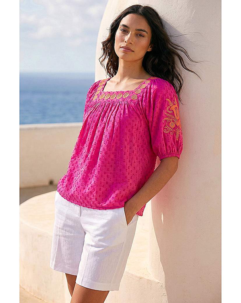 Roman Originals - Women's Embroidered Textured Top - Size 16 - Cerise