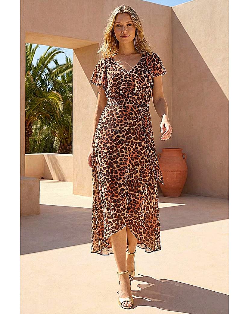 Roman Originals - Women's - Animal Print Wrap Midi Dress - Chocolate - Size 16