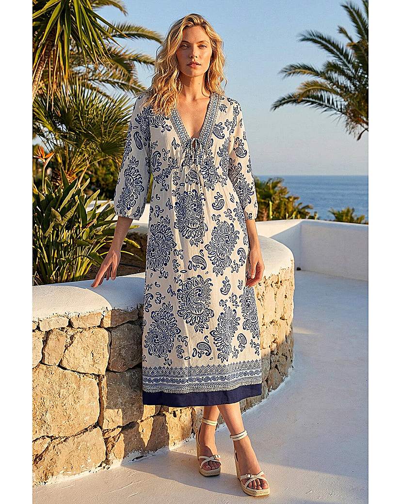 Roman Originals Navy Roman Border Print V-Neck Midi Dress Size 10