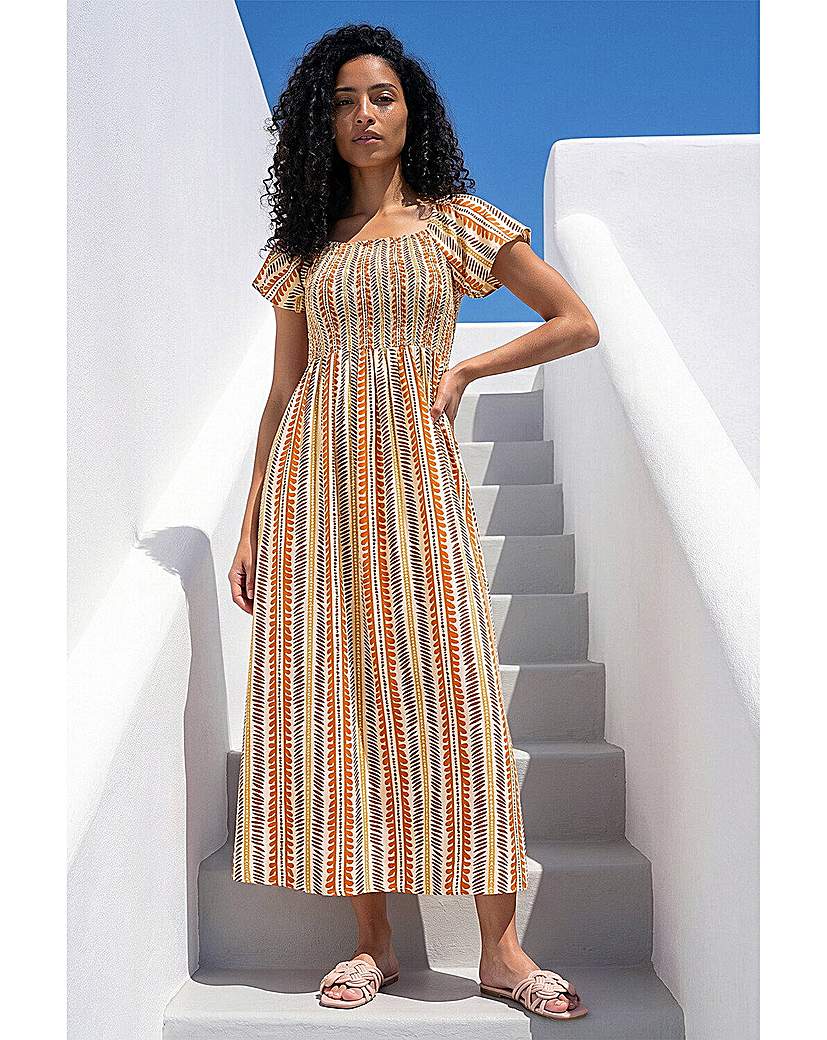Roman Originals Orange Roman Abstract Stripe Shirred Midi Dress - Size 18