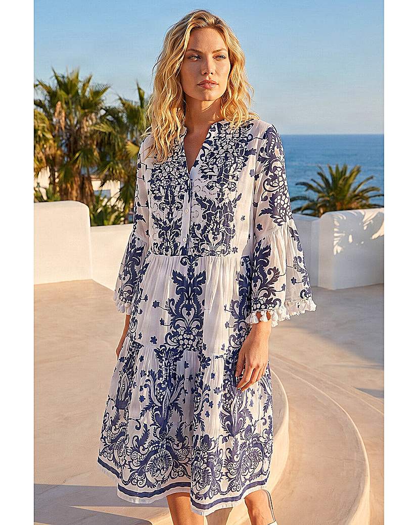 Roman Originals - Women's - Smock Dress - Beaded Tassel Trim - Navy - Size 14